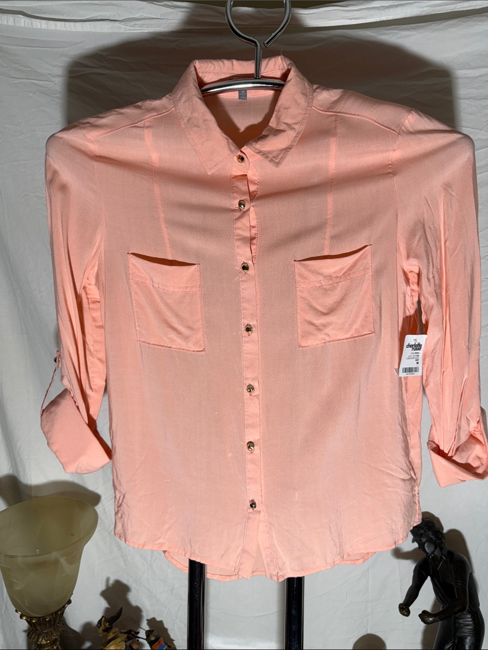Charlotte Russe Peach Button-Front Blouse with Chest Pockets
